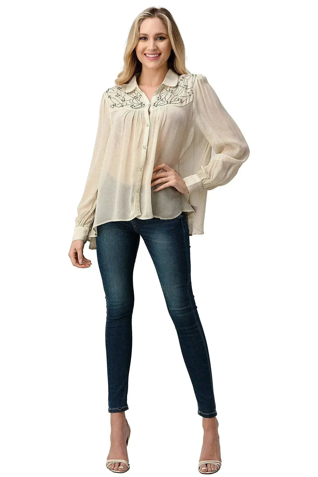 Embroidered Sheer Georgette Blouse with Beaded Trim