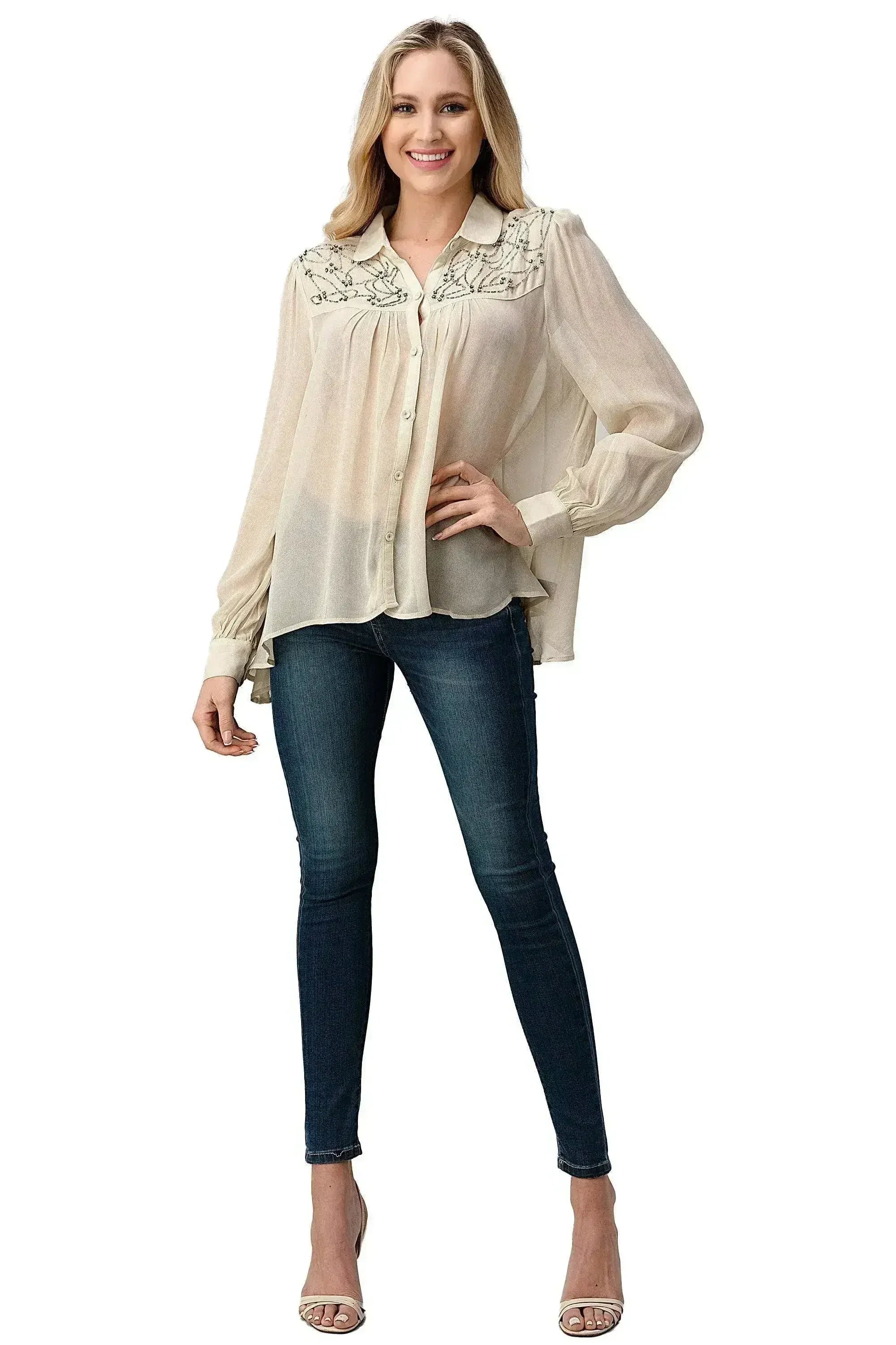 Embroidered Sheer Georgette Blouse with Beaded Trim