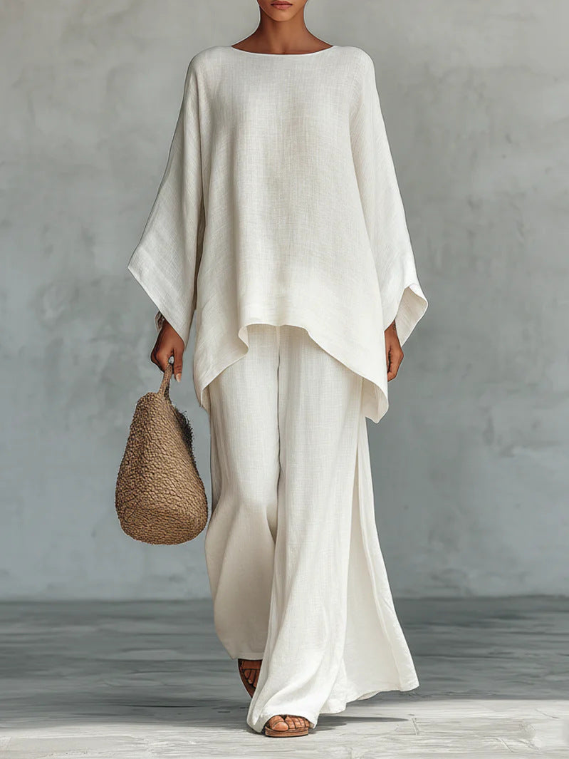 Minimalist Long-Sleeve Top & Wide-Leg Trousers Set