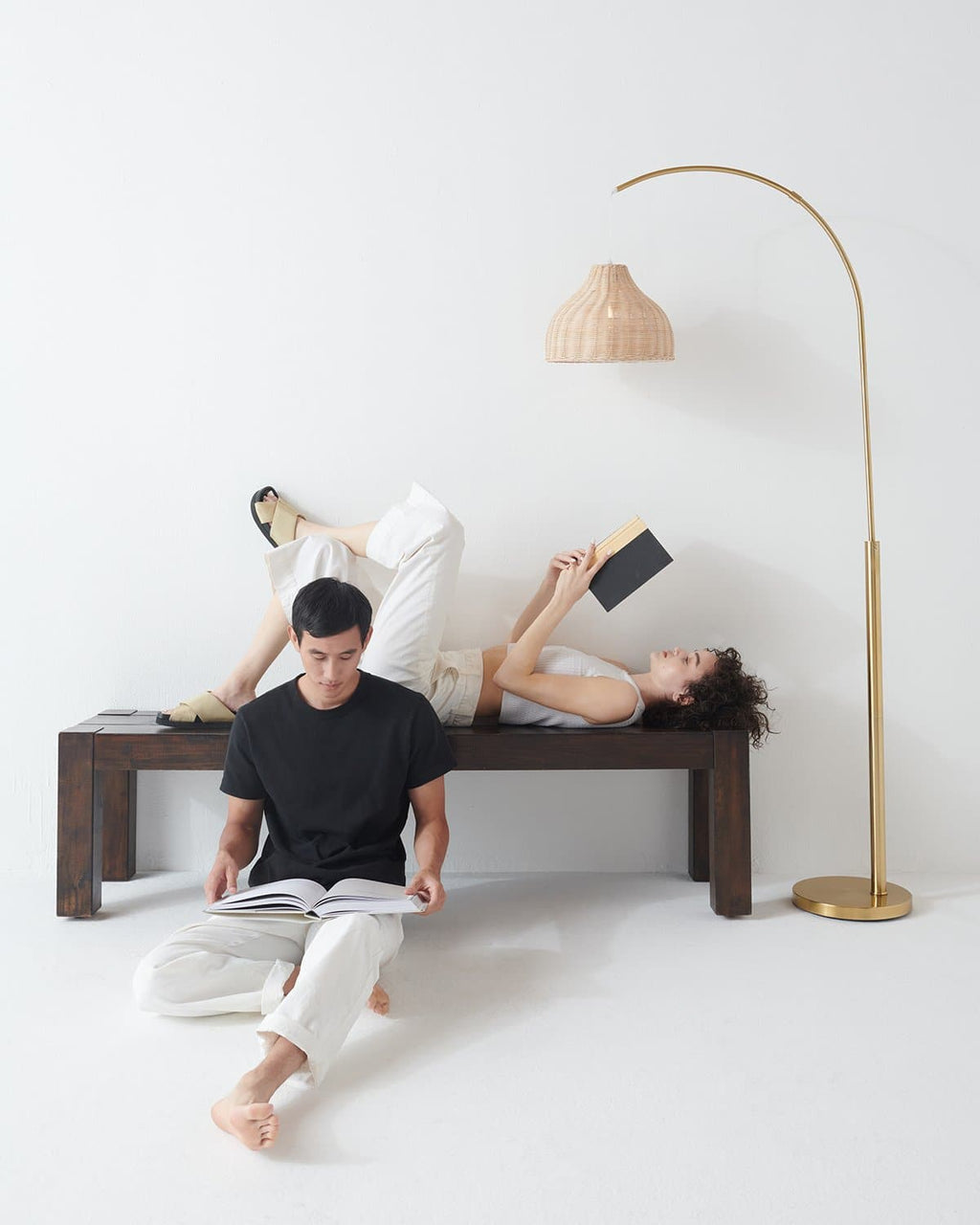 Arc Floor Lamp with Wicker Shade – Color Options