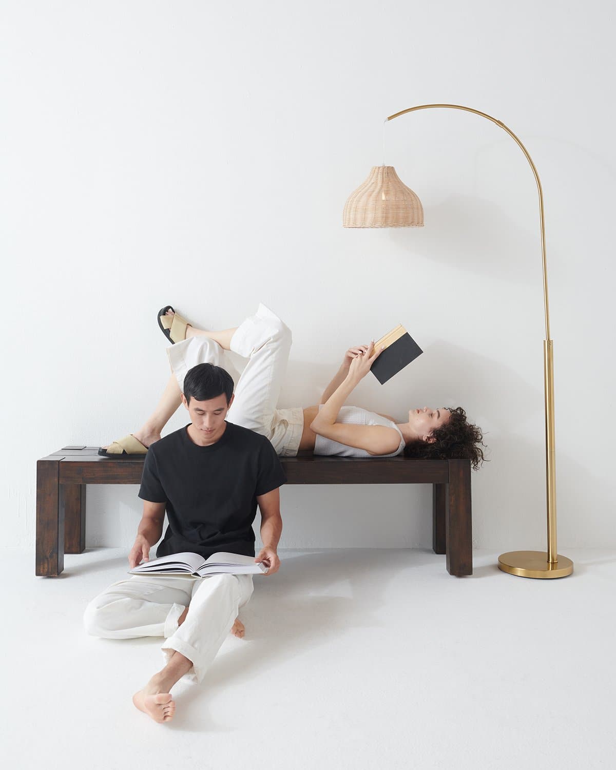 Arc Floor Lamp with Wicker Shade – Color Options