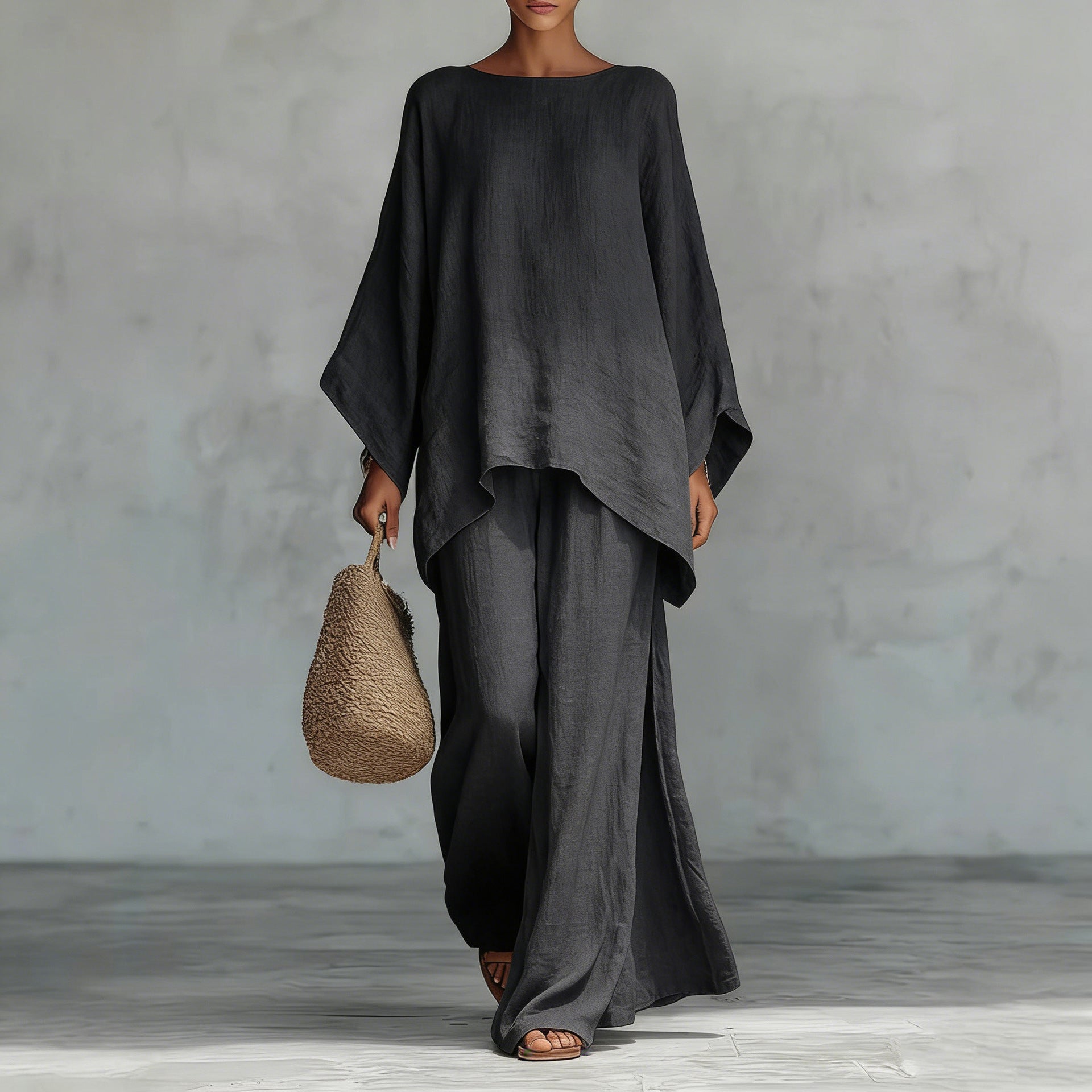 Minimalist Long-Sleeve Top & Wide-Leg Trousers Set