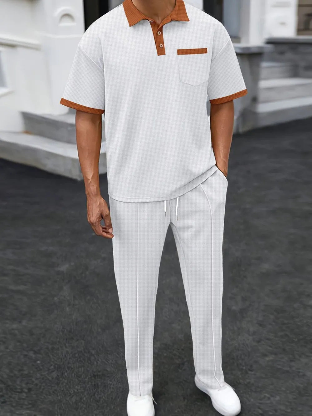 Men’s Waffle-Knit Contrast Polo & Pants Set