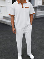 Men’s Waffle-Knit Contrast Polo & Pants Set