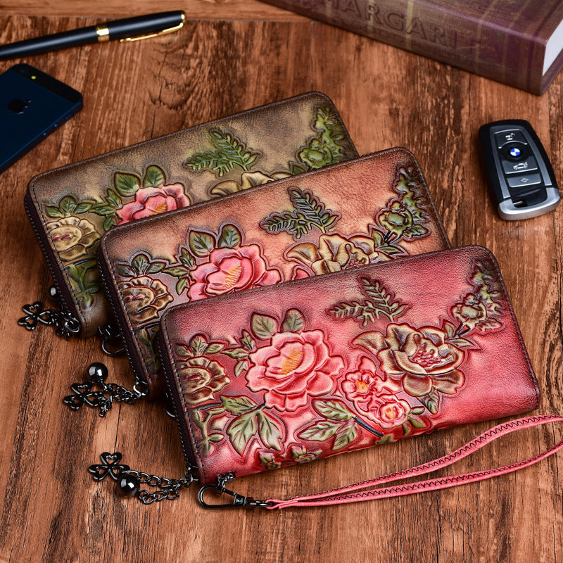 Vintage Hand-Polished Embossed Cowhide Ladies’ Wallet