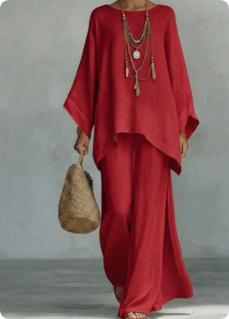 Minimalist Long-Sleeve Top & Wide-Leg Trousers Set