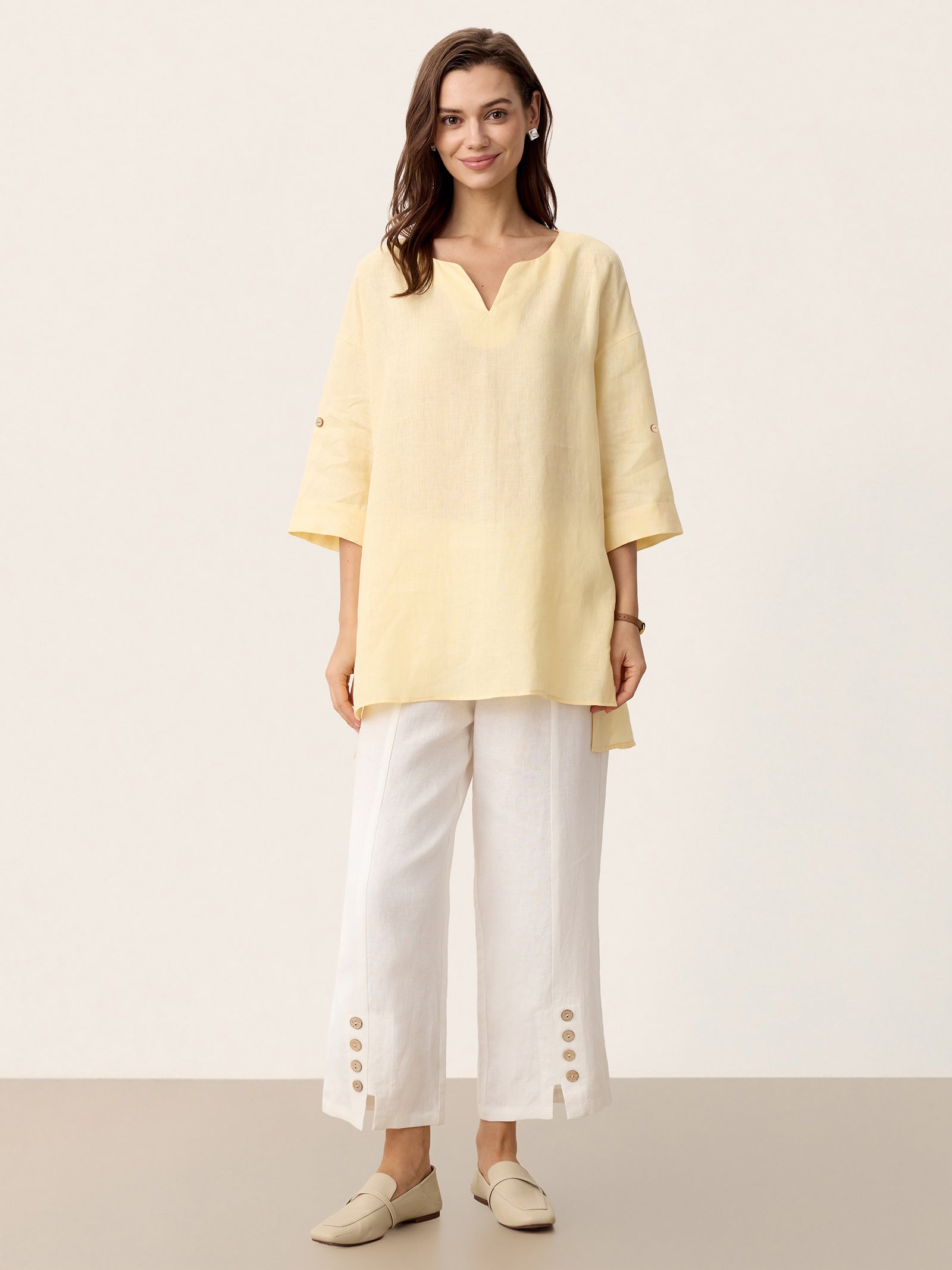 Daphnea 100% Linen Curved-Hem Oversized Top