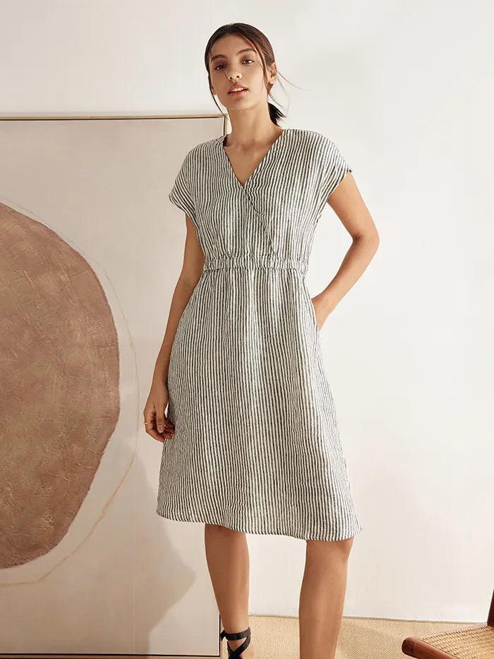 Women’s Striped Linen Elastic-Waist Dress