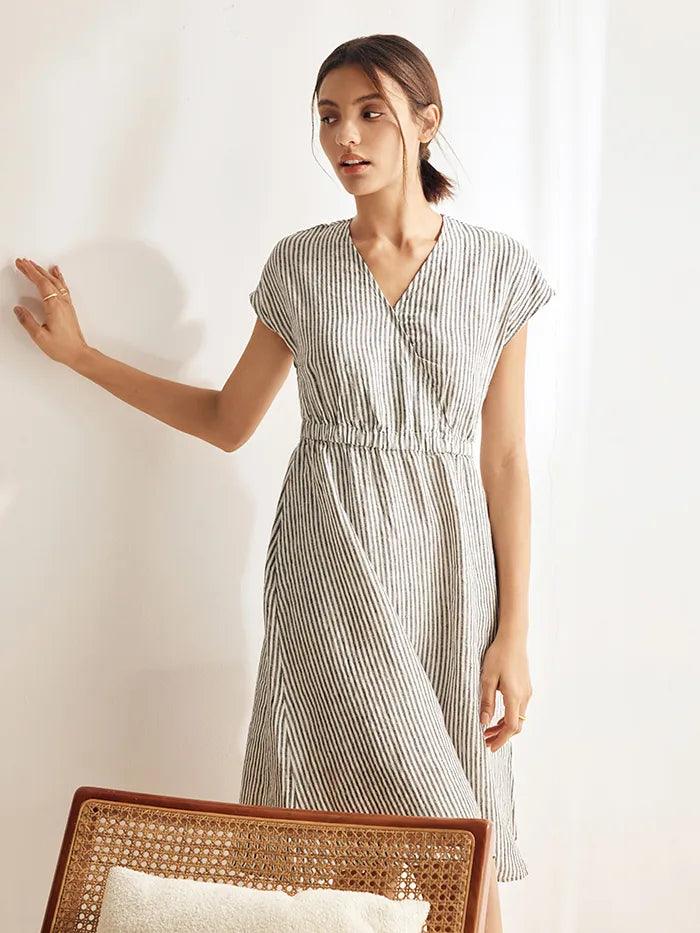 Women’s Striped Linen Elastic-Waist Dress