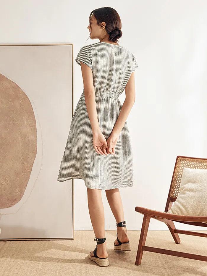 Women’s Striped Linen Elastic-Waist Dress