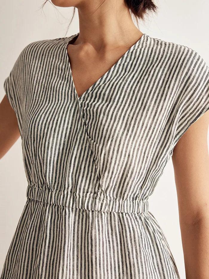 Women’s Striped Linen Elastic-Waist Dress