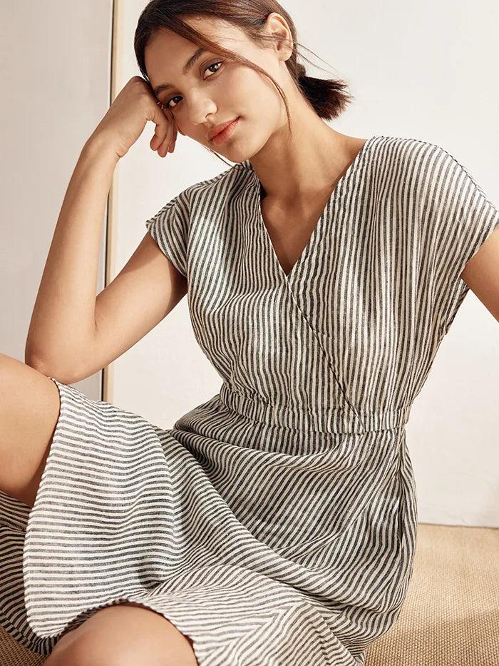 Women’s Striped Linen Elastic-Waist Dress