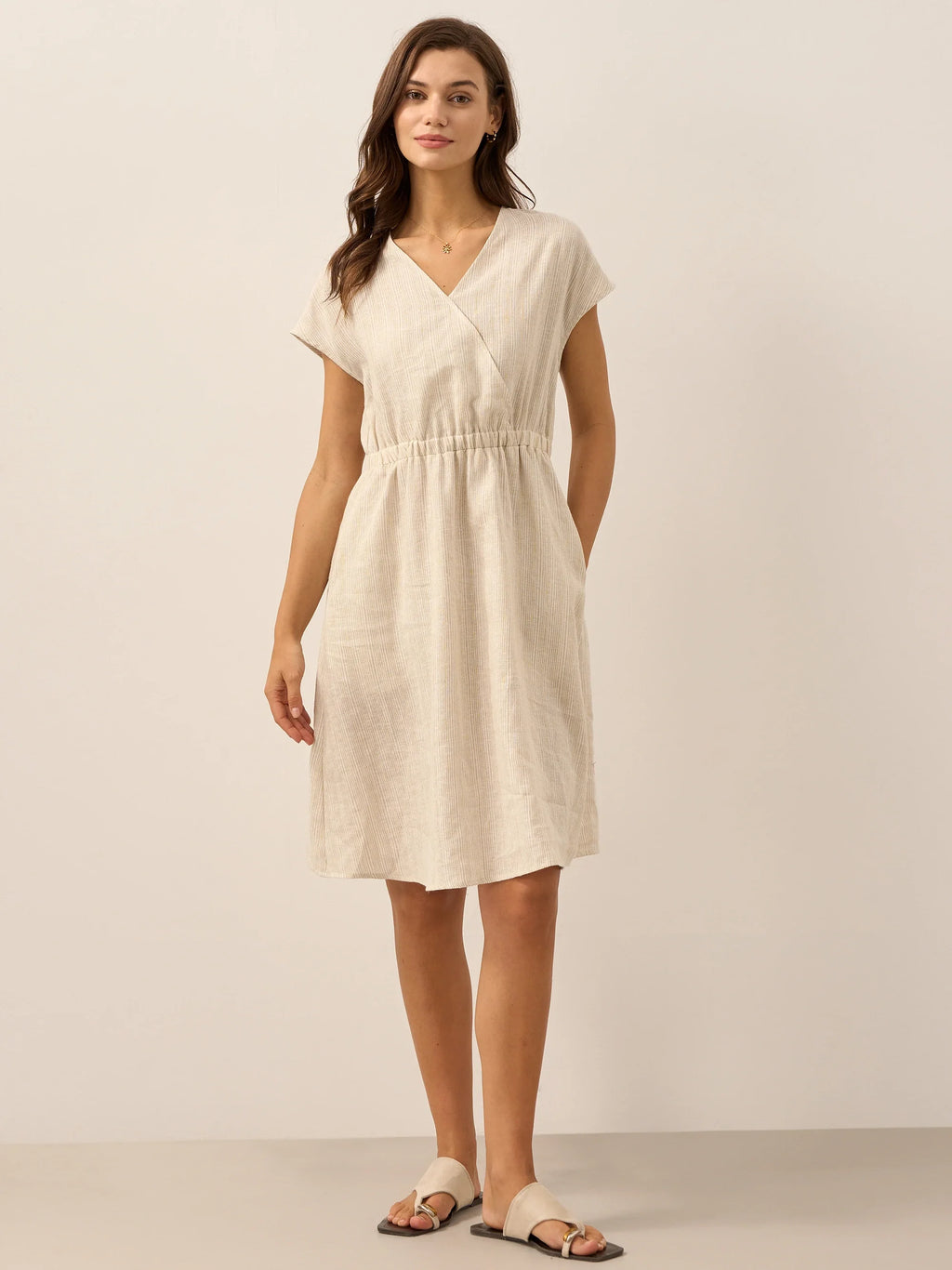Women’s Striped Linen Elastic-Waist Dress