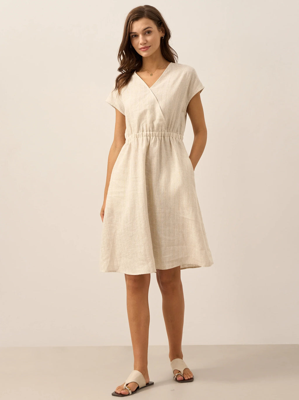 Women’s Striped Linen Elastic-Waist Dress