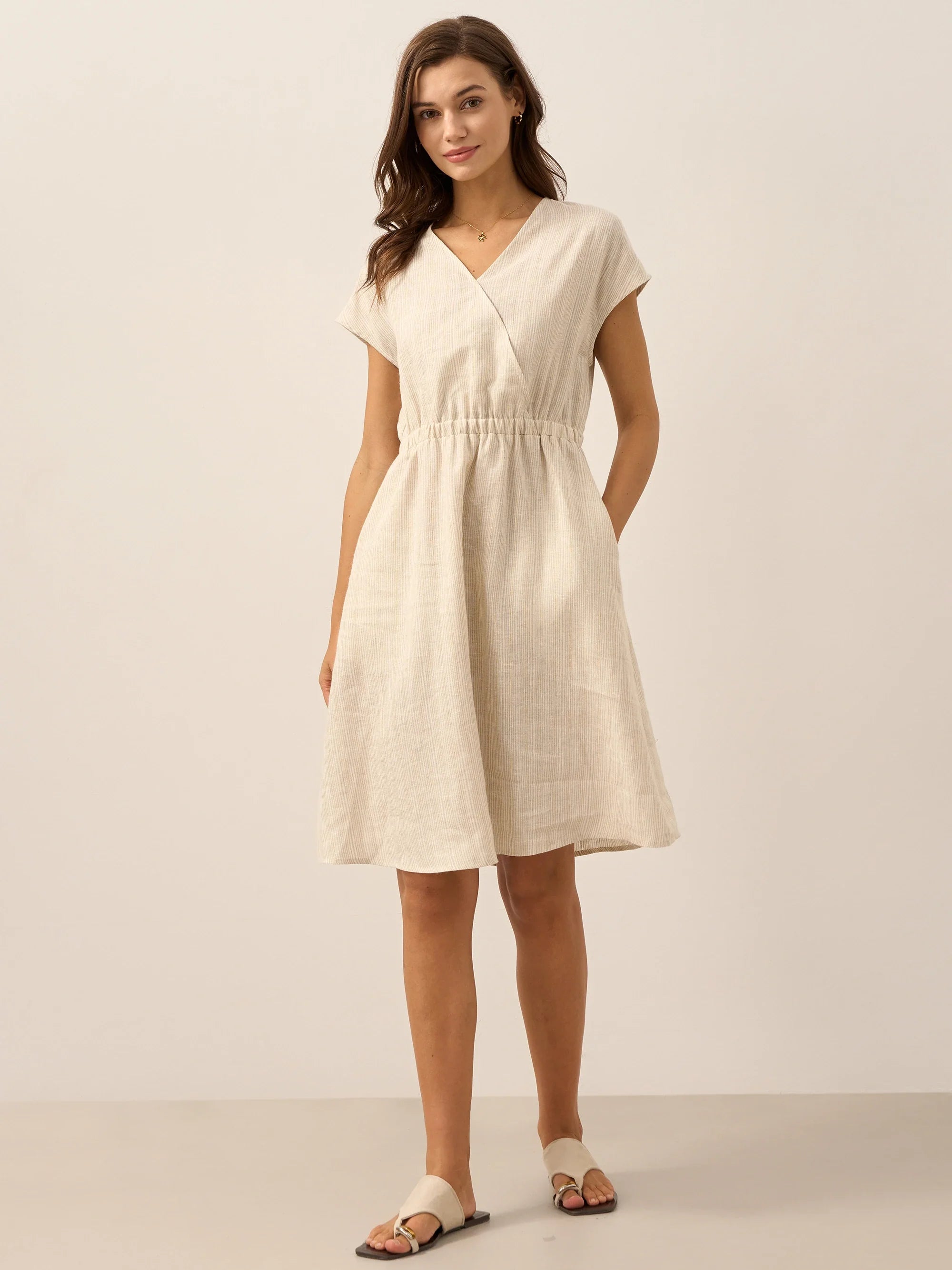 Women’s Striped Linen Elastic-Waist Dress