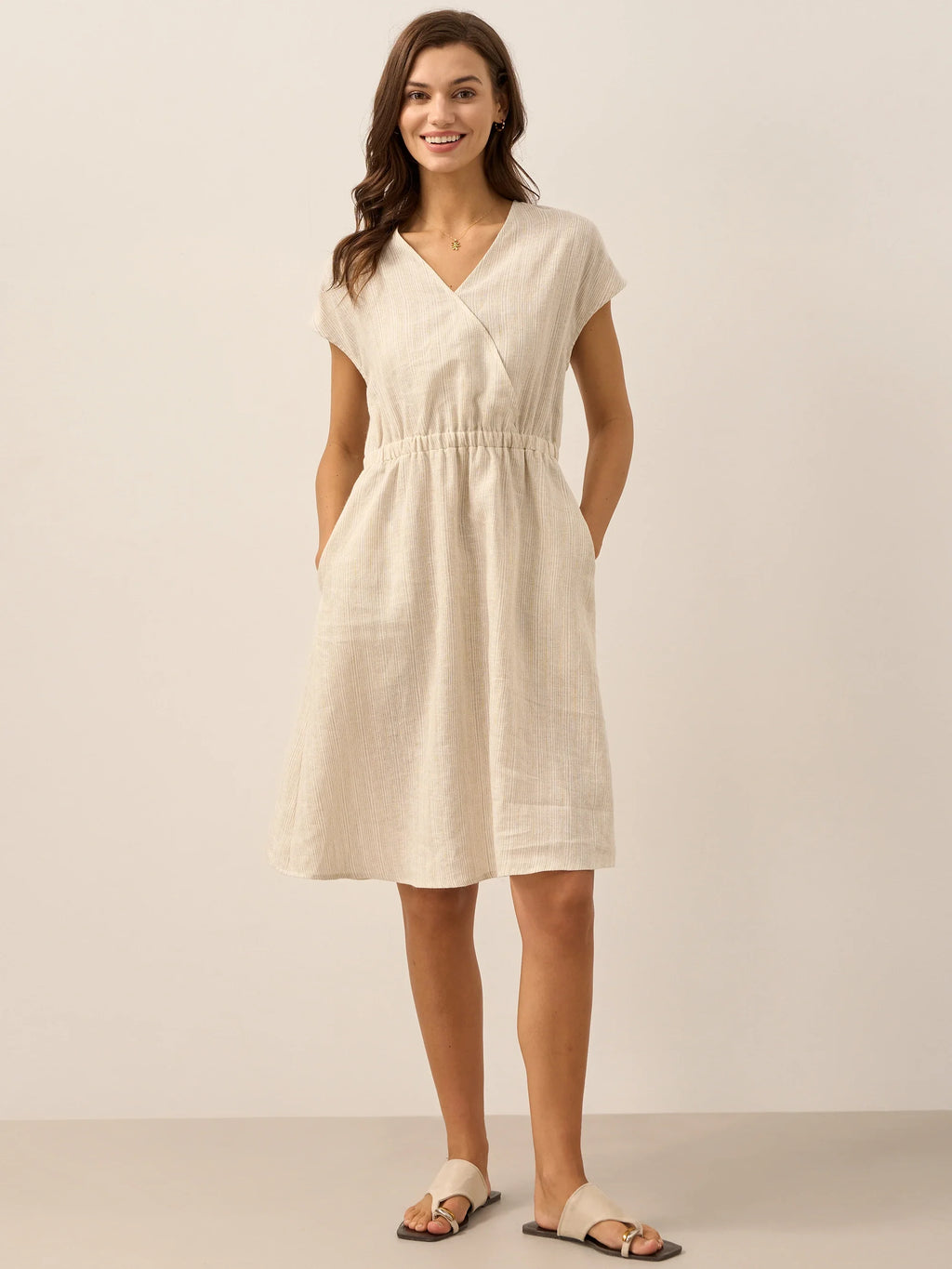 Women’s Striped Linen Elastic-Waist Dress