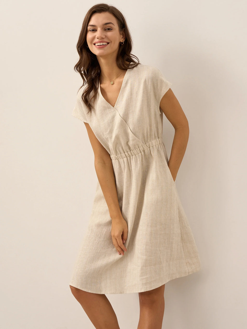 Women’s Striped Linen Elastic-Waist Dress
