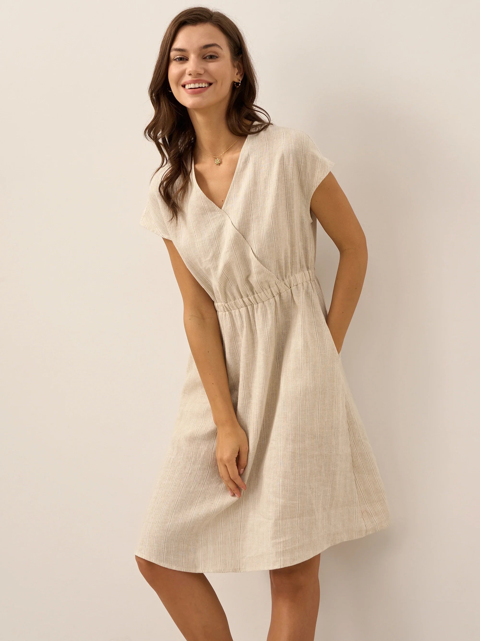 Women’s Striped Linen Elastic-Waist Dress