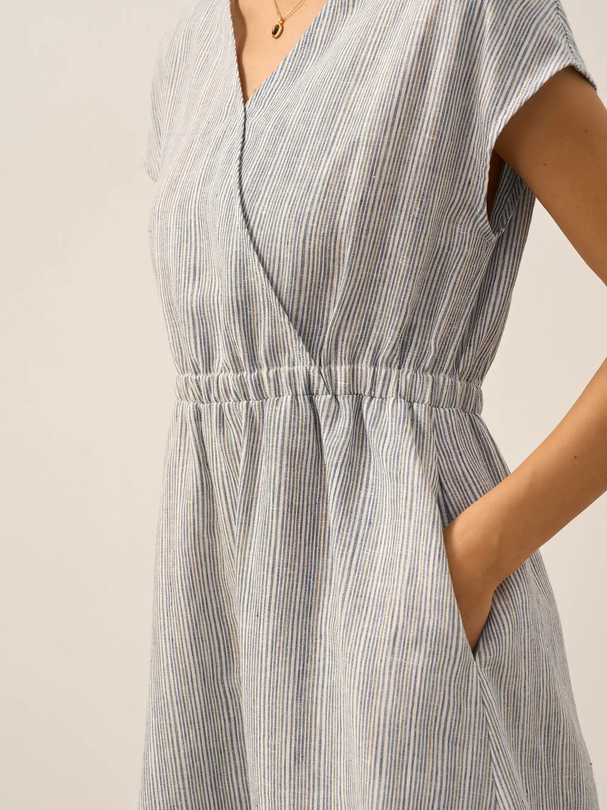 Women’s Striped Linen Elastic-Waist Dress