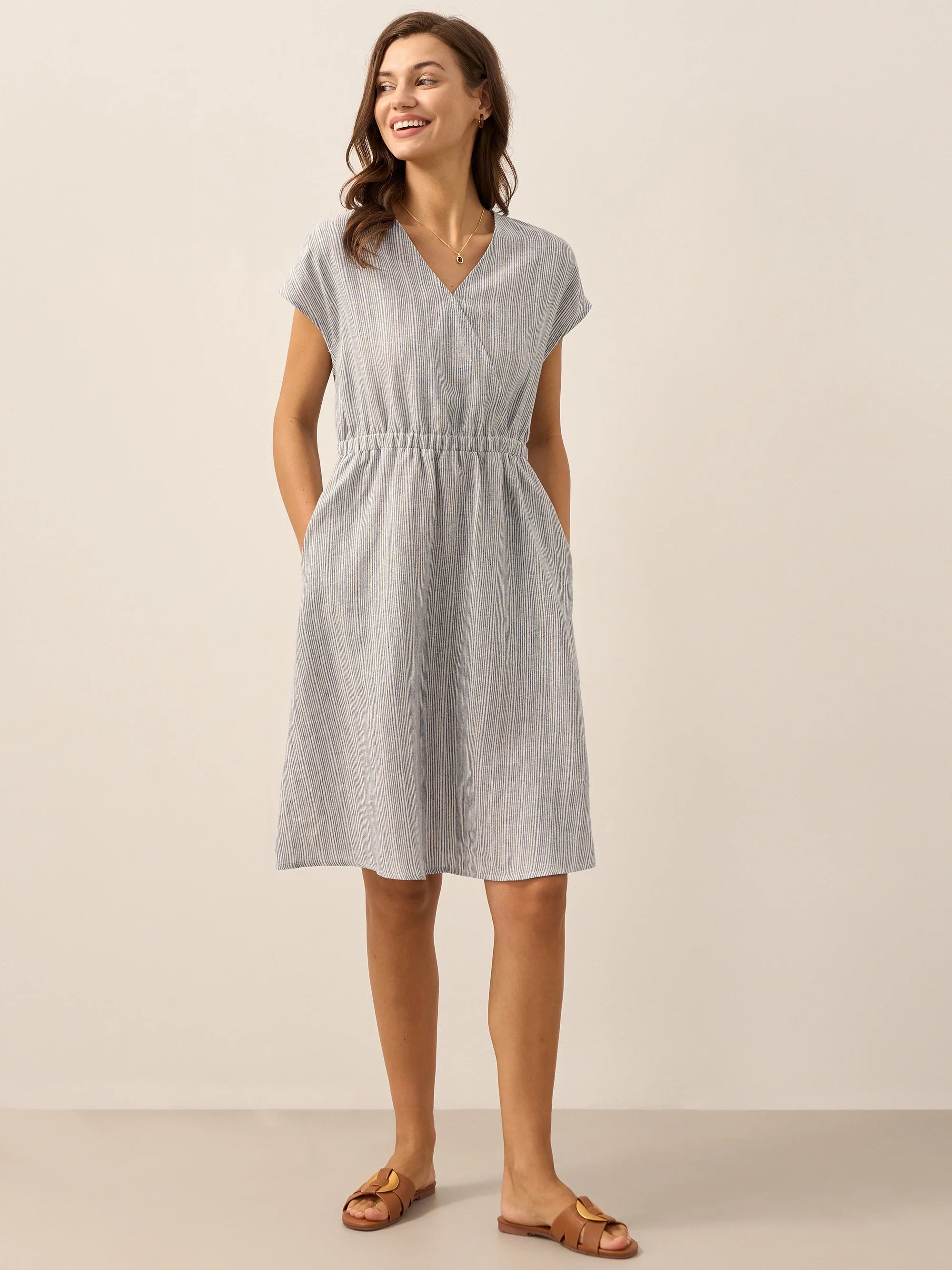 Women’s Striped Linen Elastic-Waist Dress