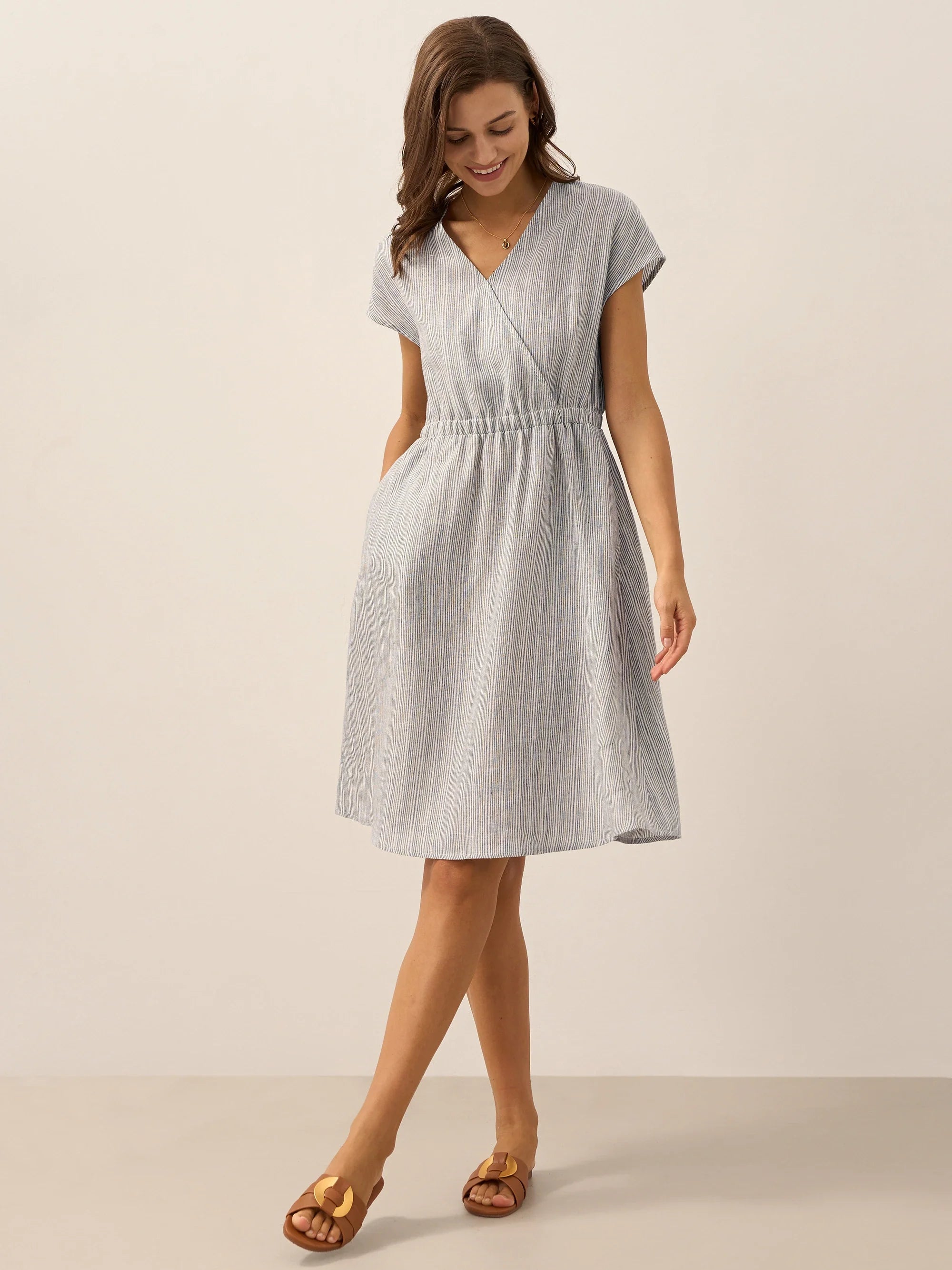 Women’s Striped Linen Elastic-Waist Dress