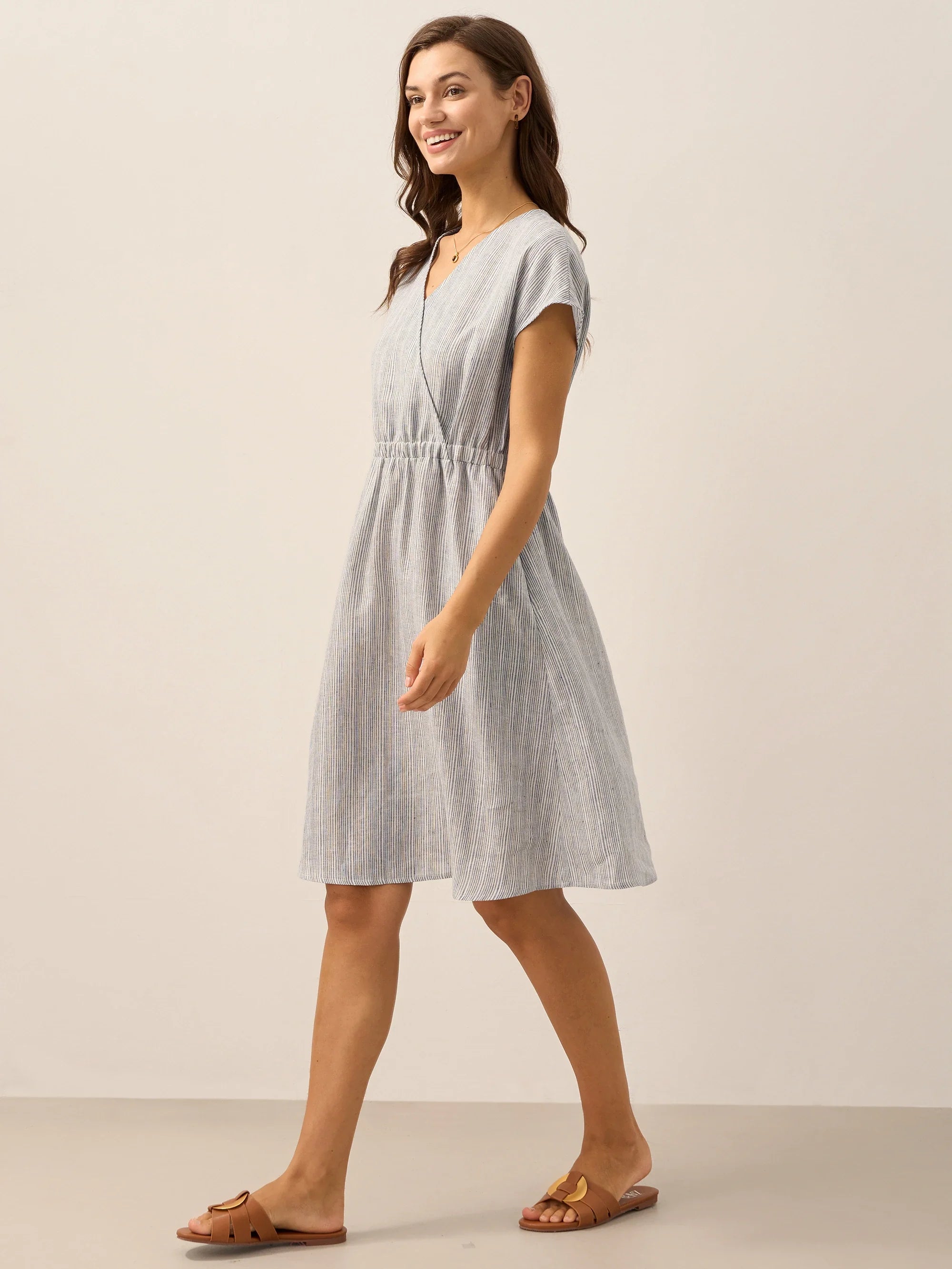 Women’s Striped Linen Elastic-Waist Dress