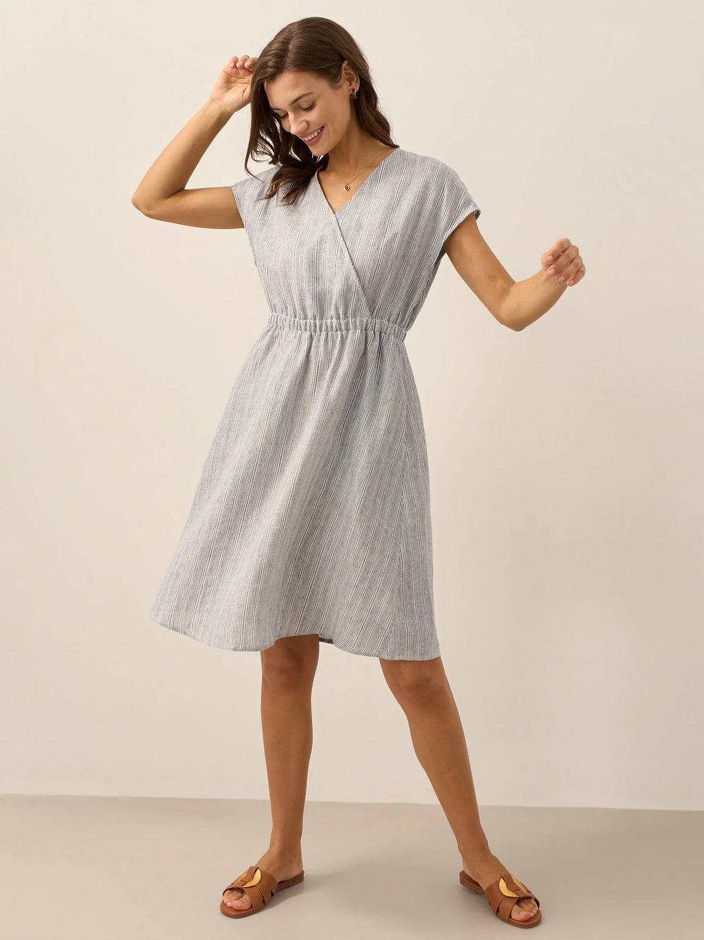 Women’s Striped Linen Elastic-Waist Dress