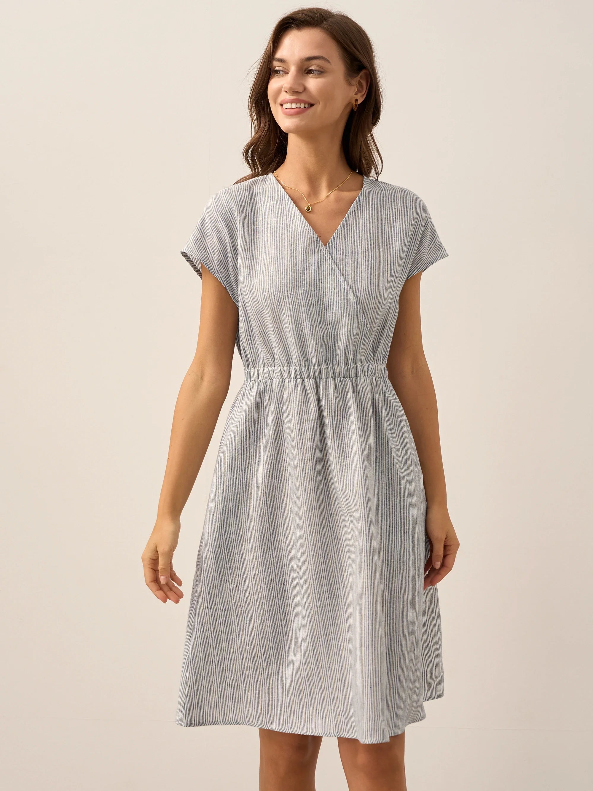 Women’s Striped Linen Elastic-Waist Dress