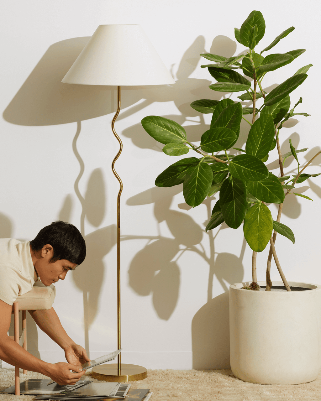 Curved Stem Floor Lamp with Fabric Shade – Color Options