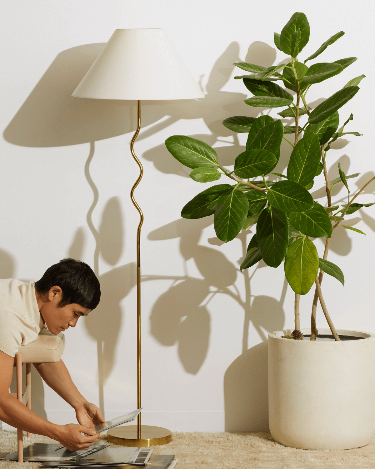 Curved Stem Floor Lamp with Fabric Shade – Color Options