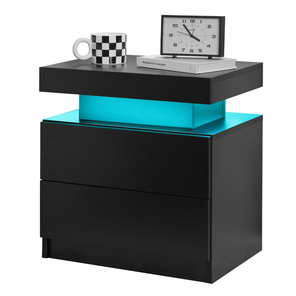Modern LED Nightstand with 2 Drawers – Black