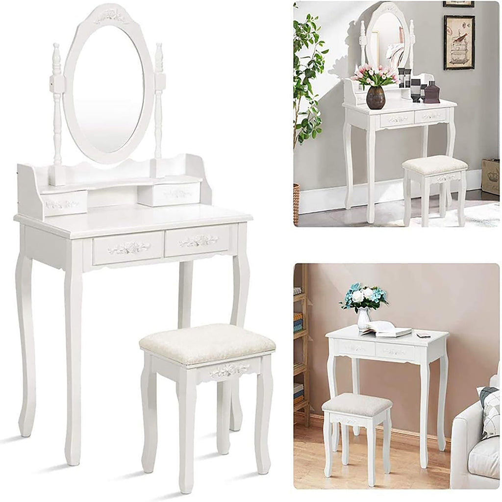4-Drawer Vanity Dressing Table Set with Oval Mirror & Stool – Jasmine White