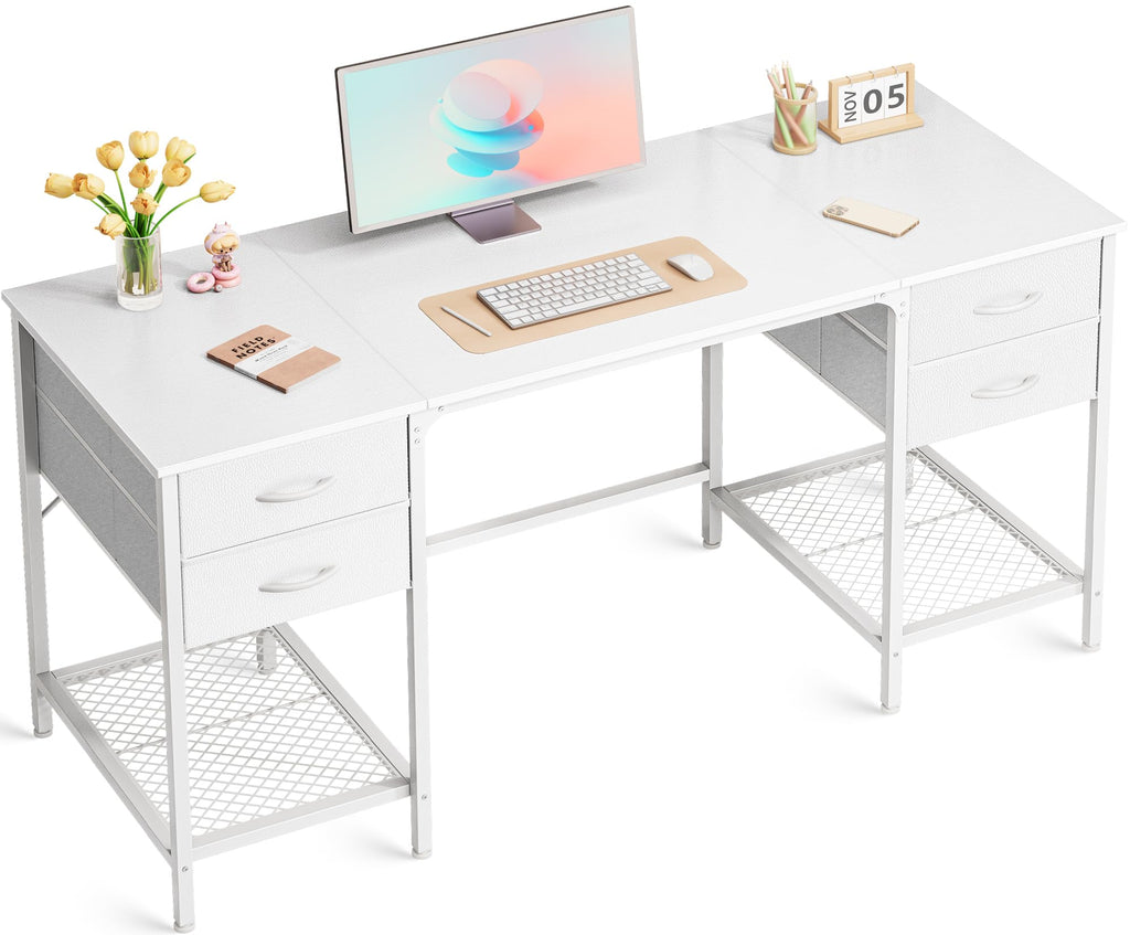55" Computer Desk with 4 Drawers & Mesh Shelf – Huuger (White)