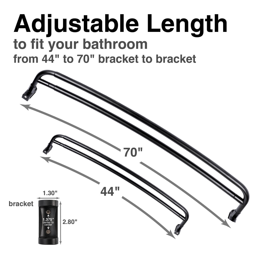 Double Curved Shower Rod – Adjustable 44" to 70", Matte Black