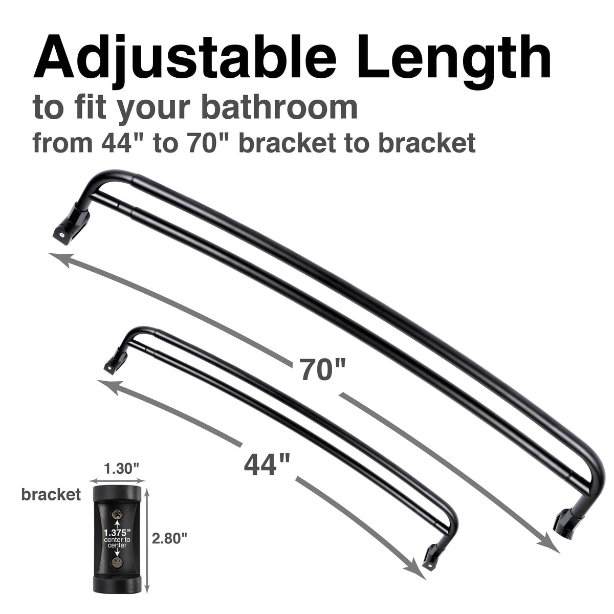 Double Curved Shower Rod – Adjustable 44" to 70", Matte Black