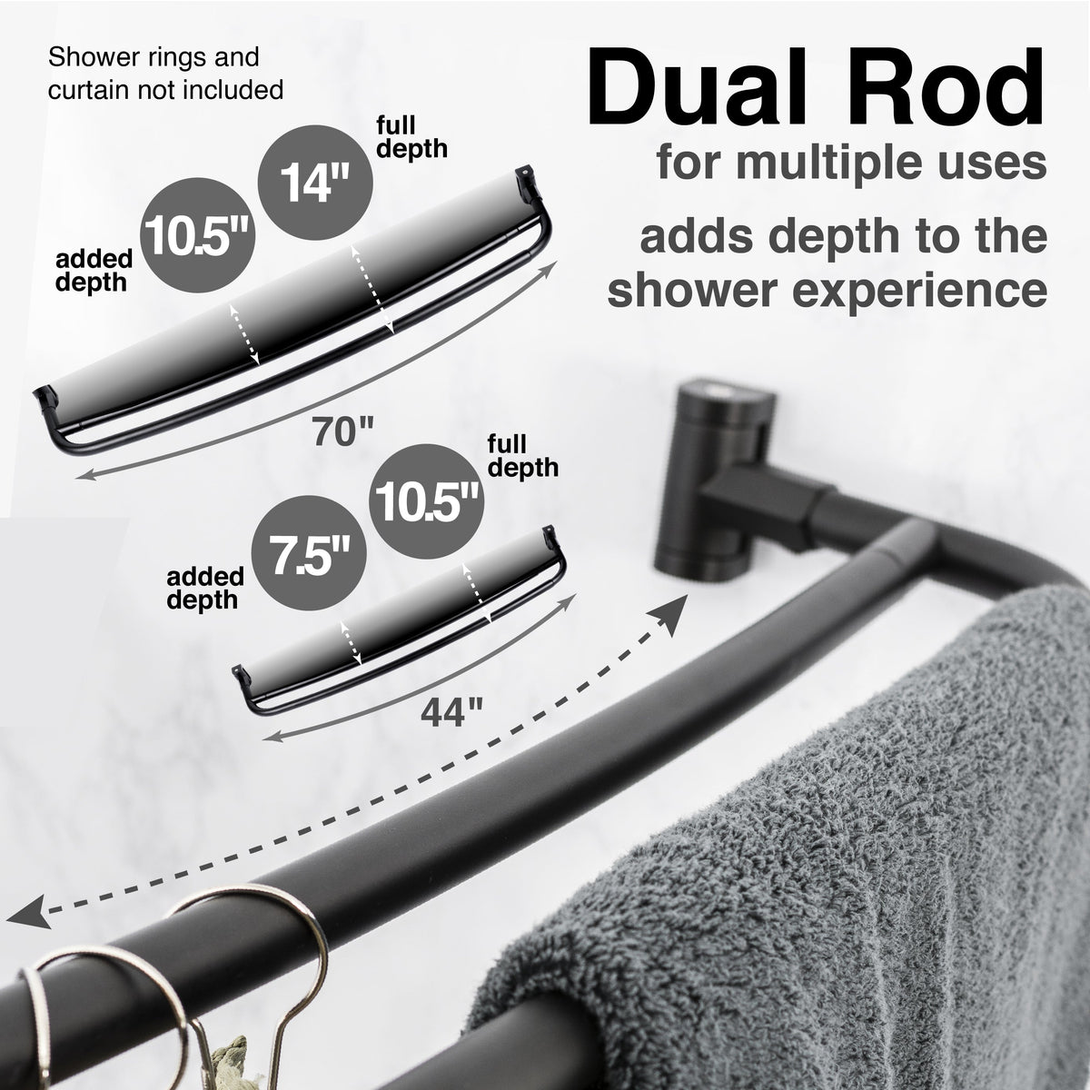 Double Curved Shower Rod – Adjustable 44" to 70", Matte Black