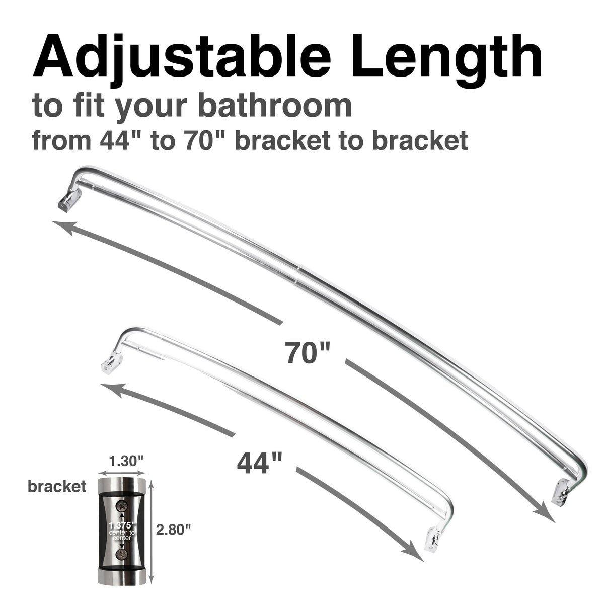 Double Curved Shower Rod – Adjustable 44" to 70", Chrome