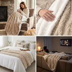 DaDalogy Bedding Champagne Ivory Faux Fur Throw Blanket - Dreamy Gold Geometric Embossed Sherpa Backside - Super Soft Warm Cozy Plush Fluffy