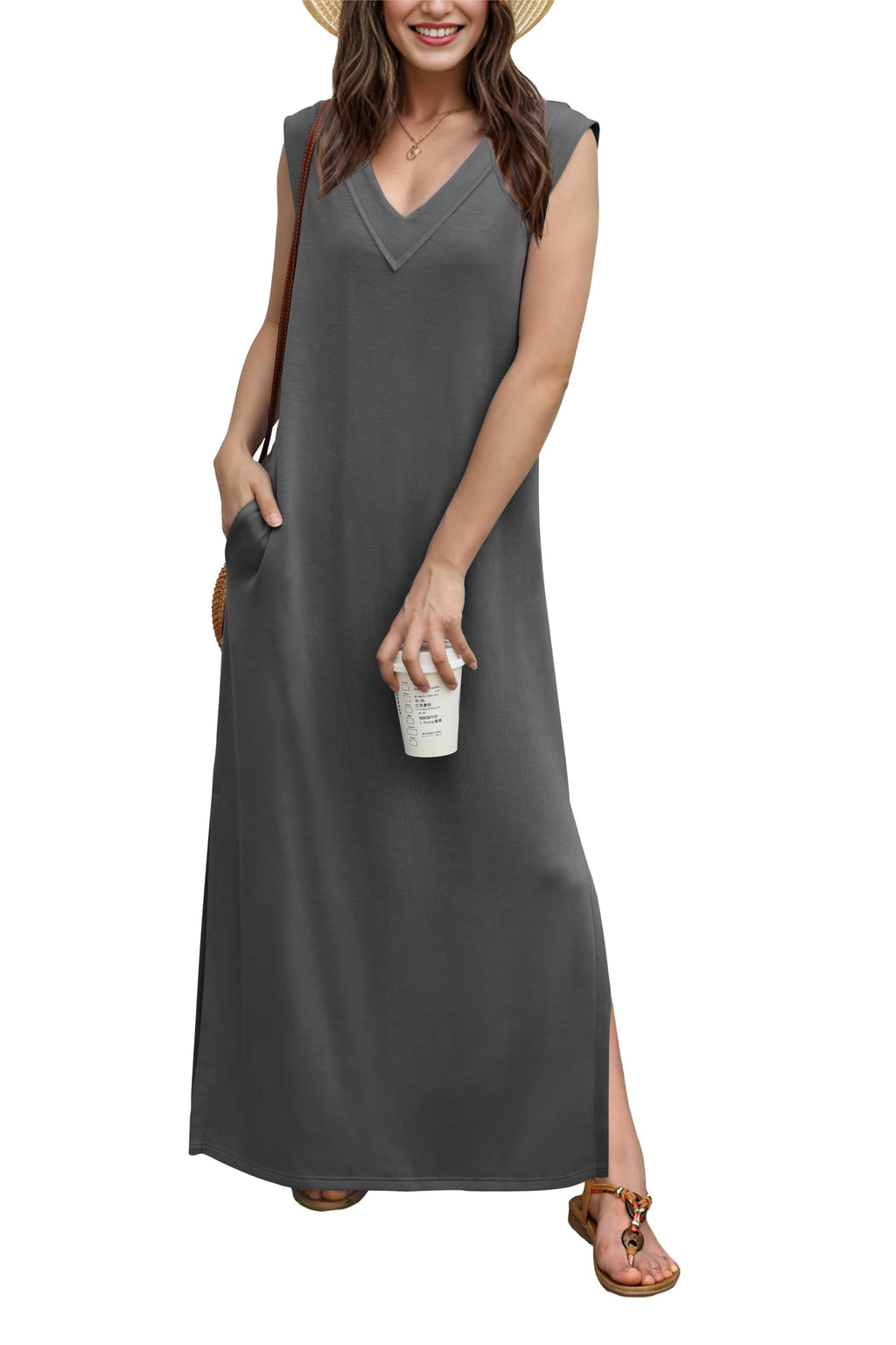 GRECERELLE Womens Summer Casual V-Neck Split Beach Long Maxi Dress with Pockets (Large Dark Gray)