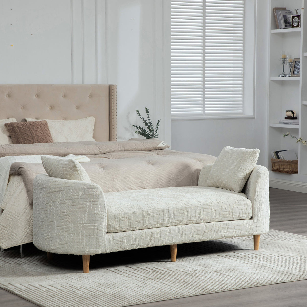 Modern Upholstered End-of-Bed Bench with Armrests – Ivory Chenille