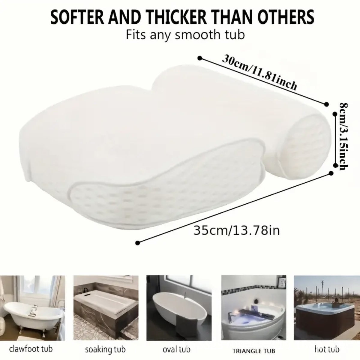 Non-Slip Bathtub Pillow with Suction Cups – White