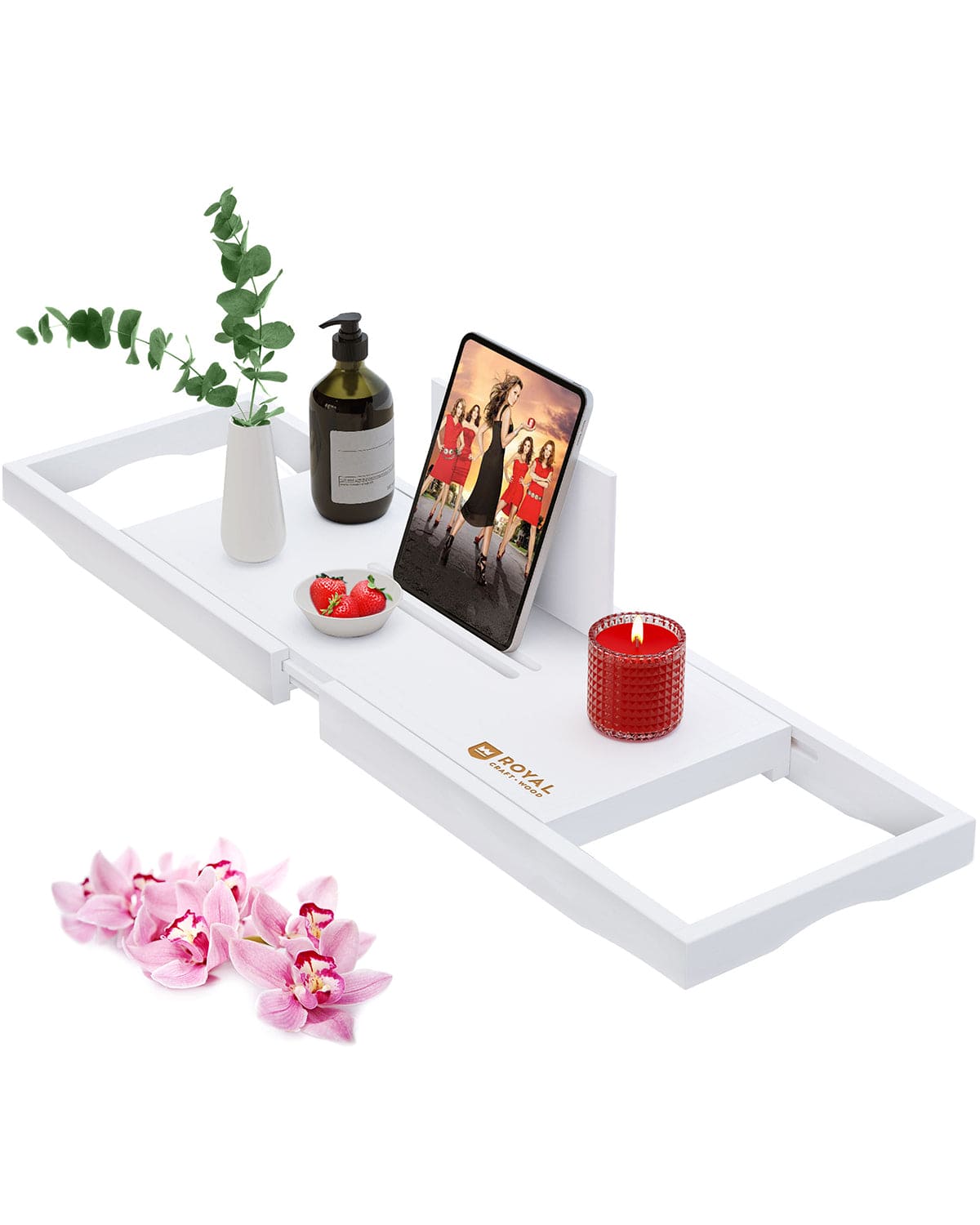 Extendable Bamboo Bathtub Caddy Tray – White