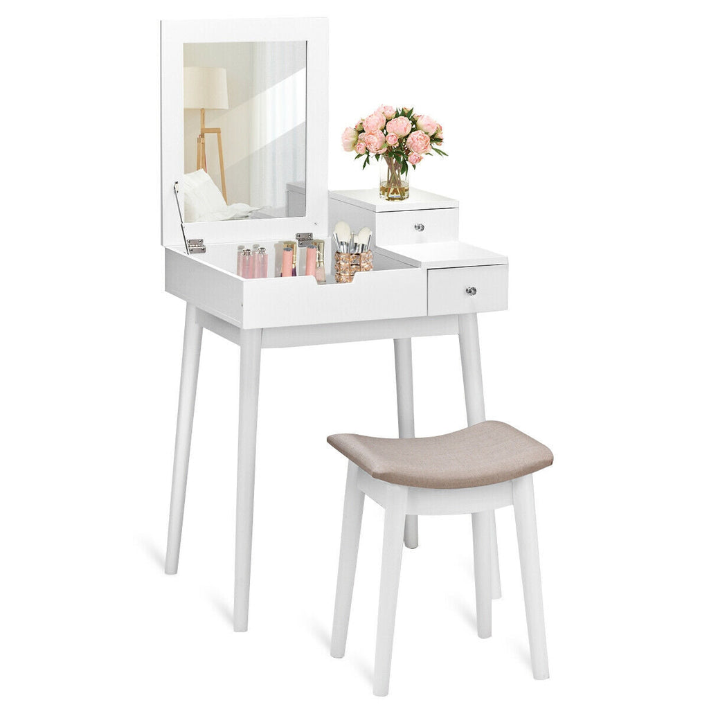 Flip-Top Vanity Dressing Table Set with Mirror & Stool – White