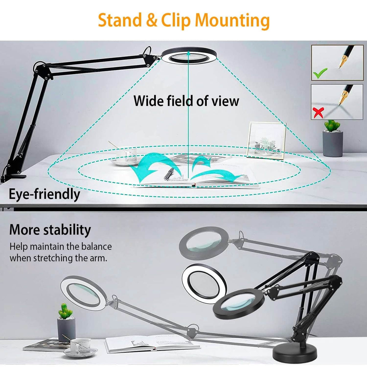8X LED Magnifying Desk Lamp with Stand & Clamp – Black