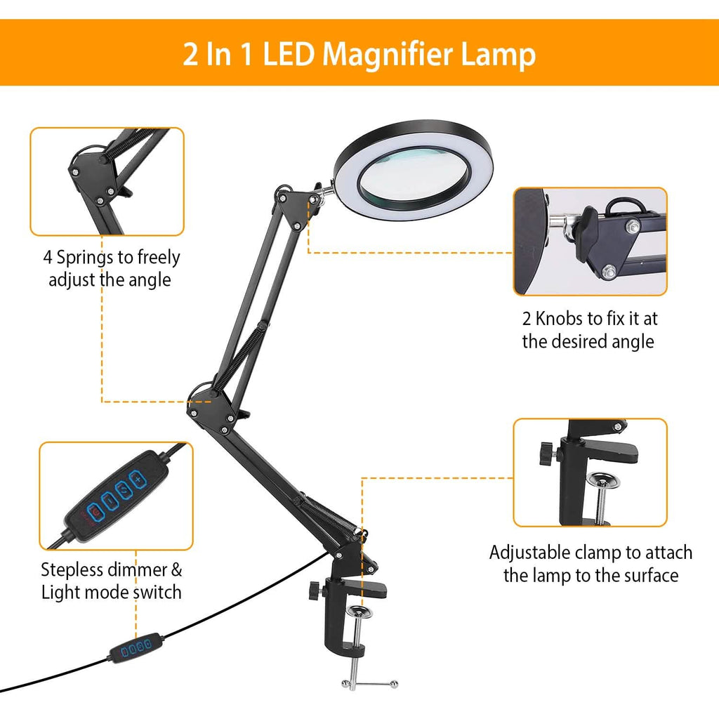 8X LED Magnifying Desk Lamp with Stand & Clamp – Black