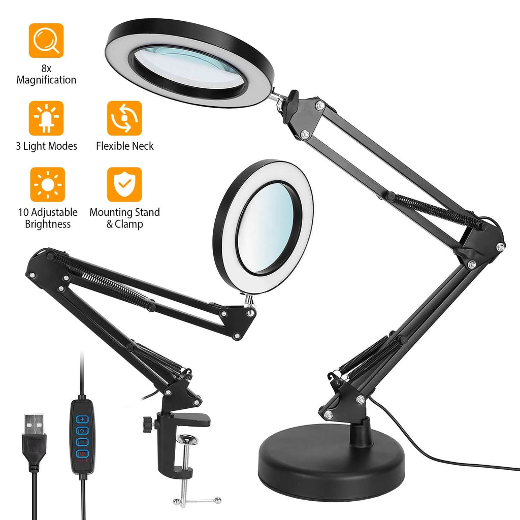 8X LED Magnifying Desk Lamp with Stand & Clamp – Black