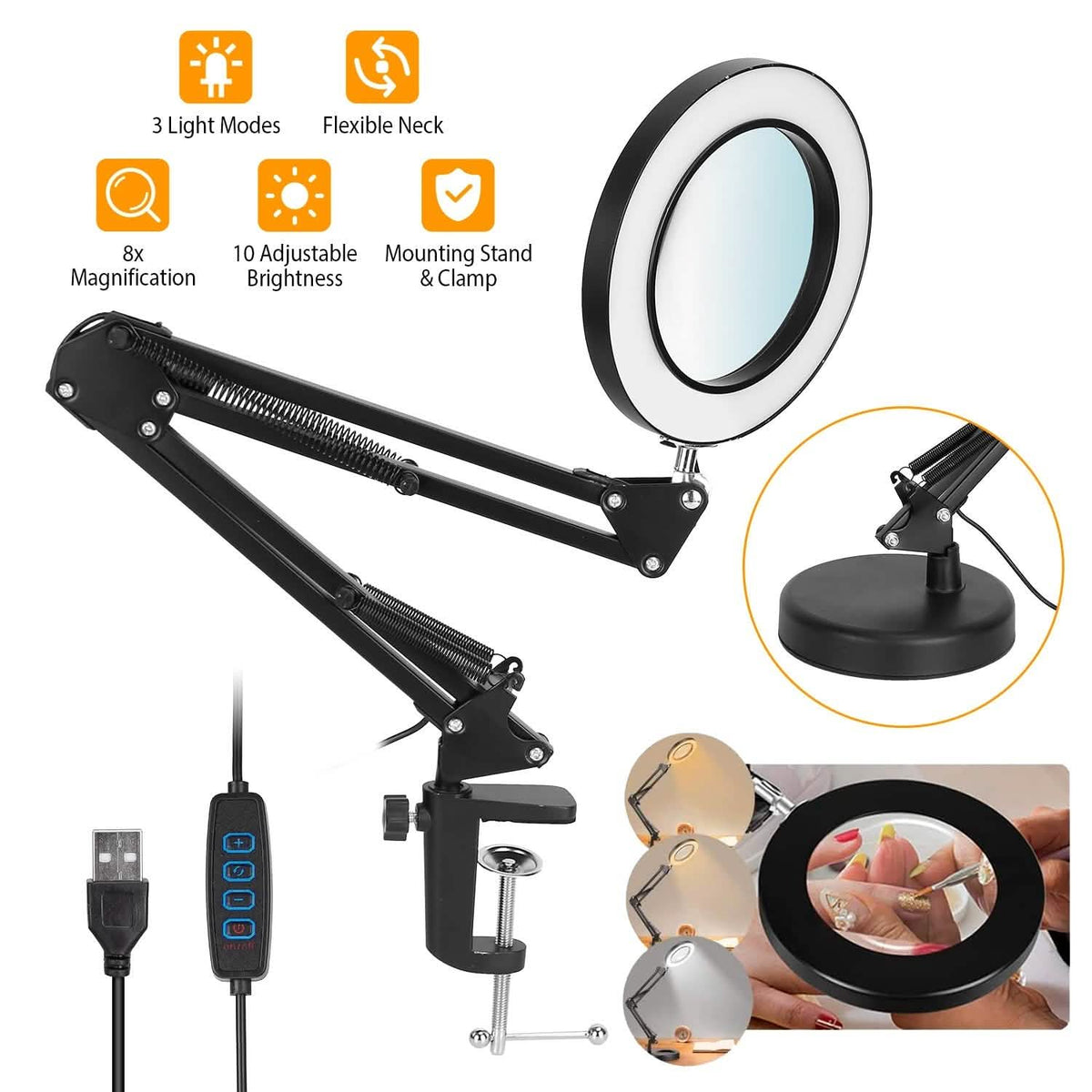8X LED Magnifying Desk Lamp with Stand & Clamp – Black