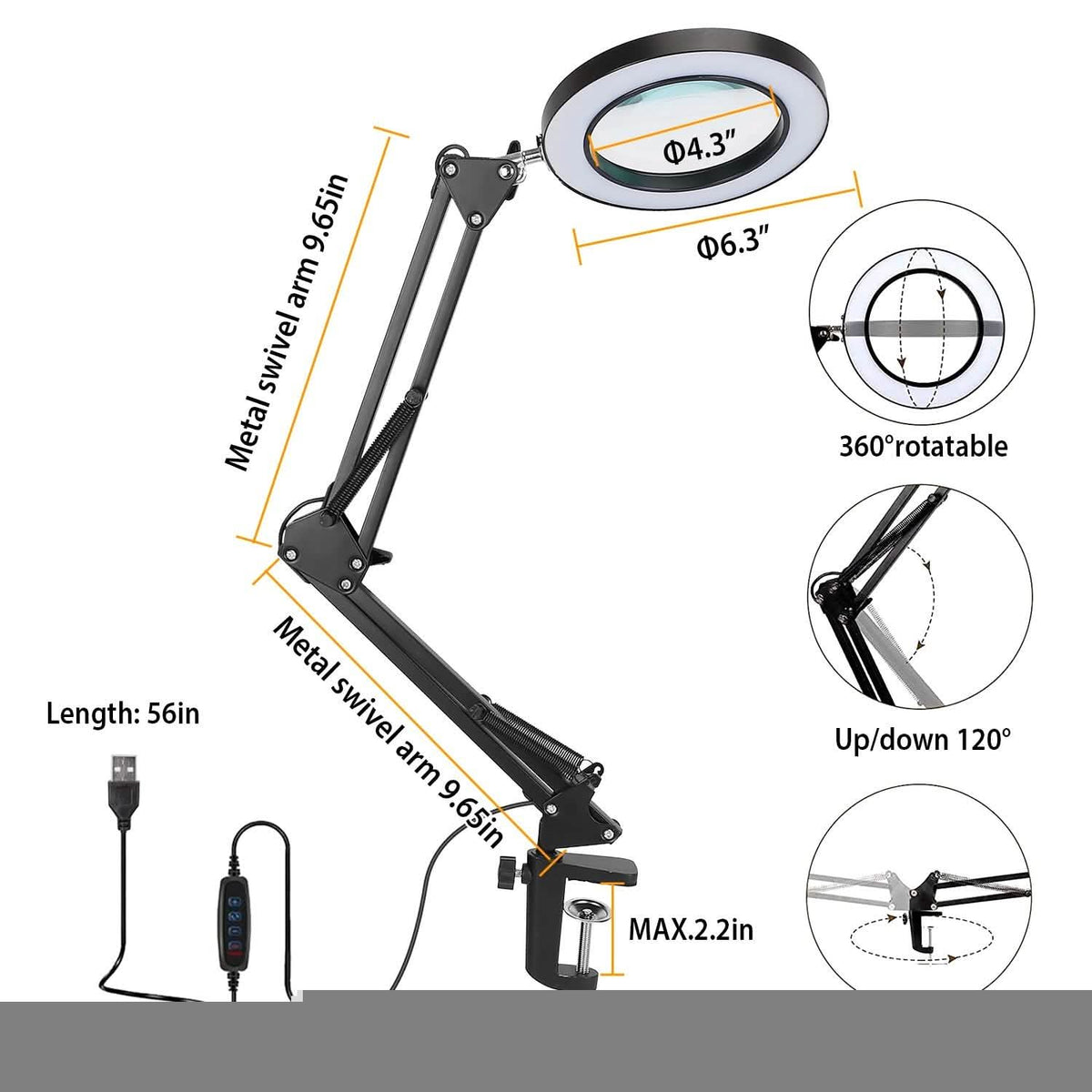 8X LED Magnifying Desk Lamp with Stand & Clamp – Black