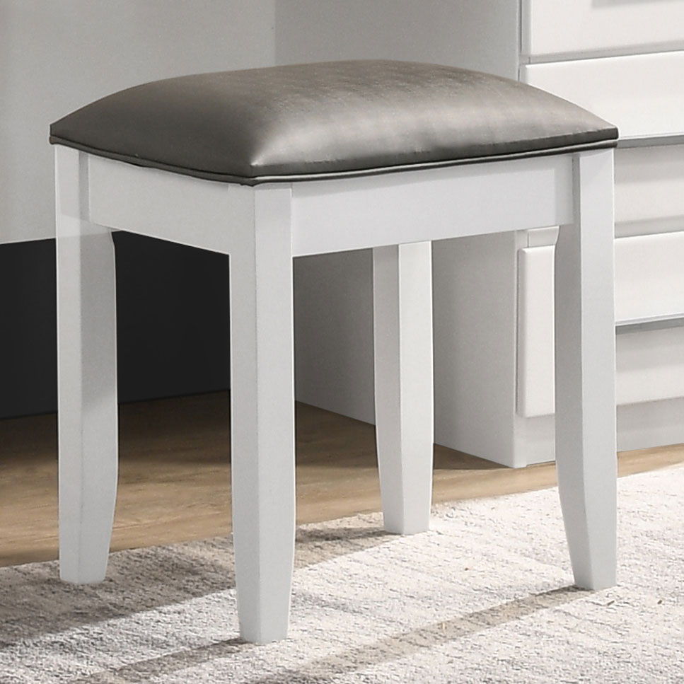 Upholstered Vanity Stool – Metallic Gray & Glossy White