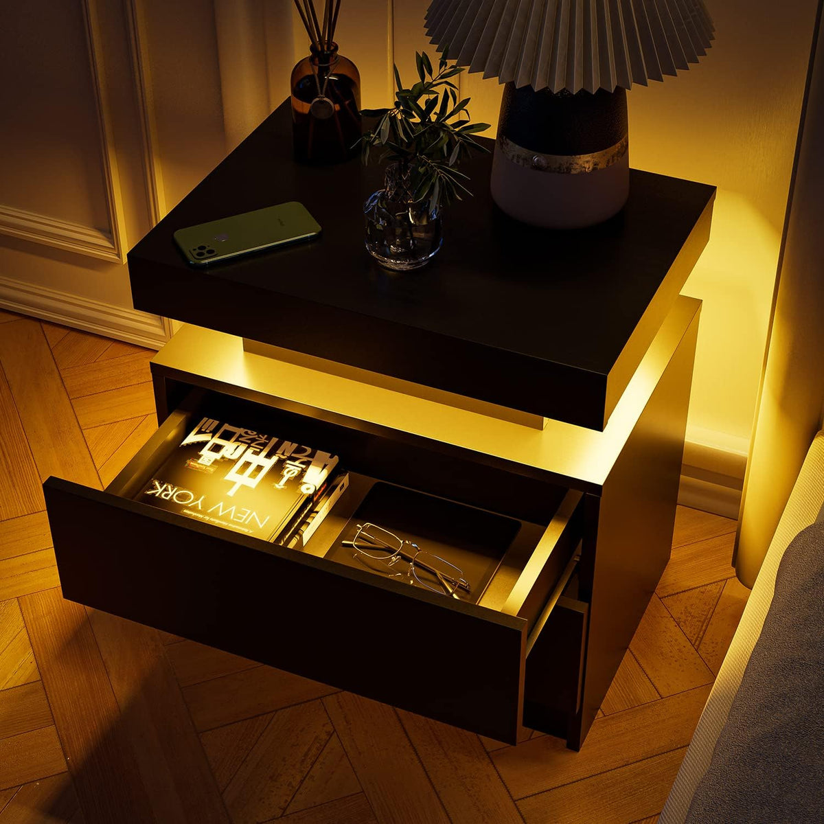 Modern LED Nightstand with 2 Drawers – Black